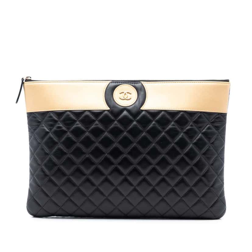 Chanel Large CC Bicolor Quilted Lambskin Clutch Black Leather Very good condition - Front View
