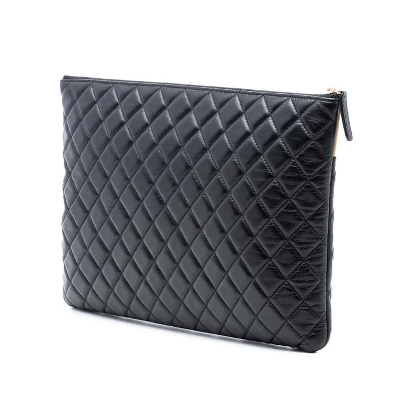 Chanel Large CC Bicolor Quilted Lambskin Clutch Black Leather Very good condition - Back View