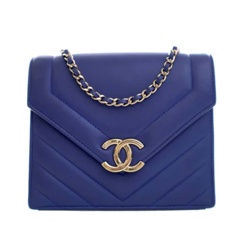 Chanel Small Chevron Calfskin Envelope Flap Blue Leather Good condition - Front View