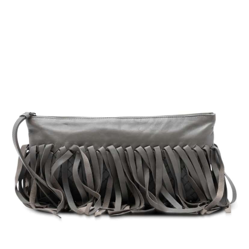 Bottega Veneta Lambskin Intrecciato Fringe Clutch Grey Leather Good condition - Front View