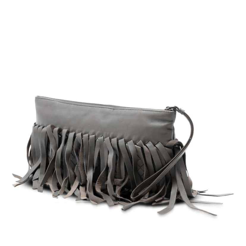 Bottega Veneta Lambskin Intrecciato Fringe Clutch Grey Leather Good condition - Back View