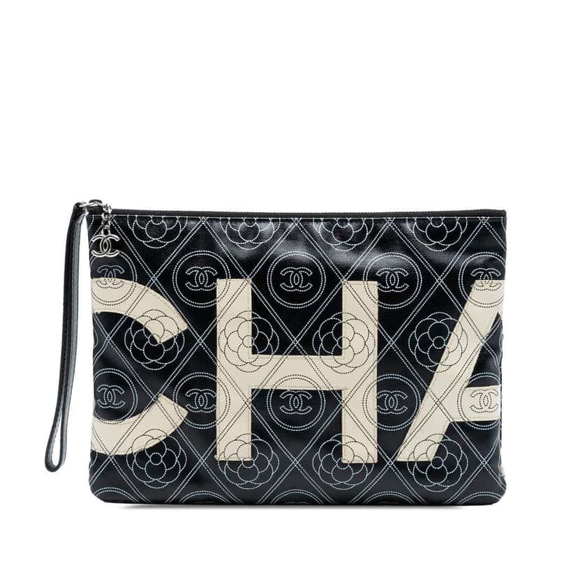 Chanel Coated Canvas Camellia Logo Wristlet Clutch Black Canvas Very good condition - Front View