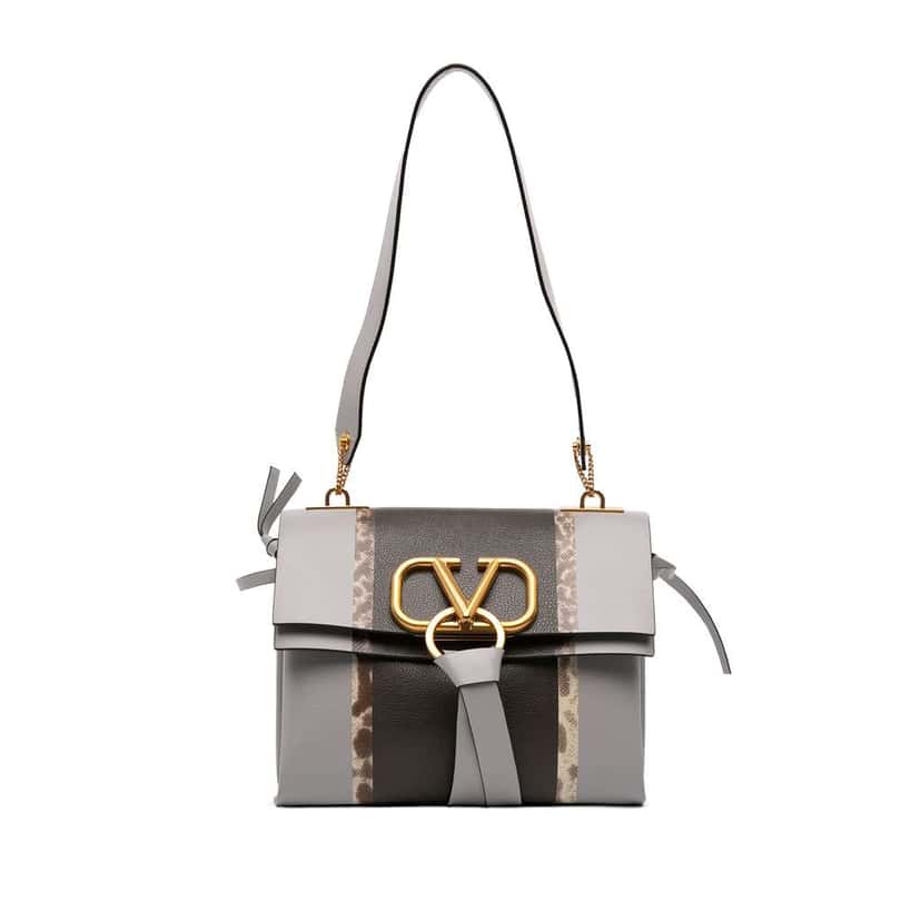 Valentino Small Watersnake Trimmed Colorblock Calfskin Vring Shoulder Bag Grey Leather Good condition - Front View