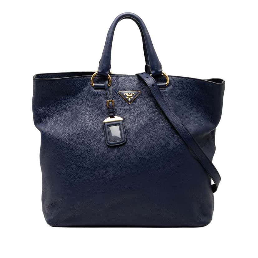 Prada Vitello Daino Open Convertible Tote Blue Leather Good condition - Front View