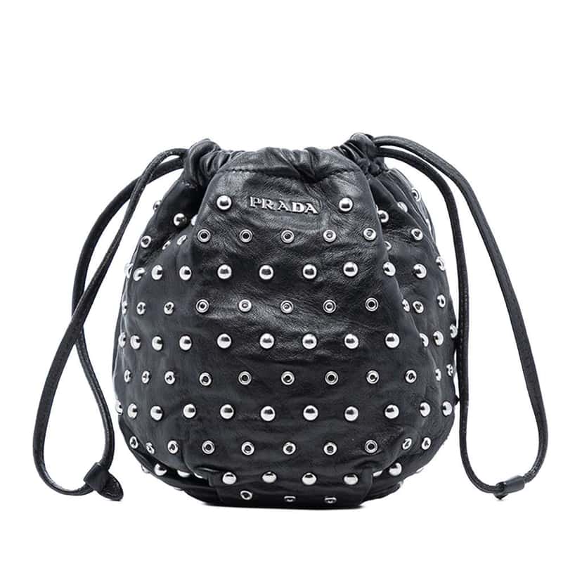 Prada Studded Leather Drawstring Pouch Black Leather Good condition - Front View