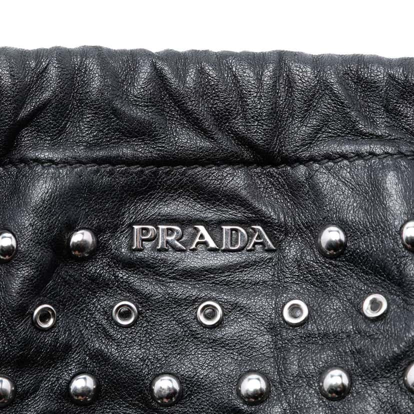 Prada Studded Leather Drawstring Pouch Black Leather Good condition - Box View