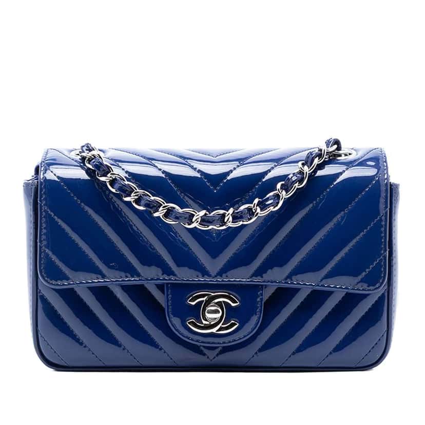 Chanel Mini Rectangular Classic Chevron Patent Single Flap Blue Leather Very good condition - Front View