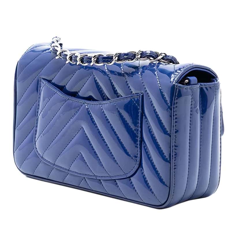 Chanel Mini Rectangular Classic Chevron Patent Single Flap Blue Leather Very good condition - Back View