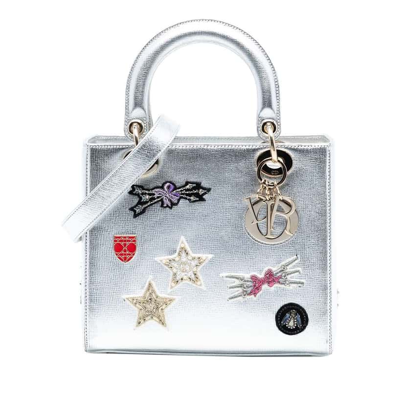 Dior Medium Calfskin Patch Embellished Lady Dior Silver Leather Very good condition - Front View