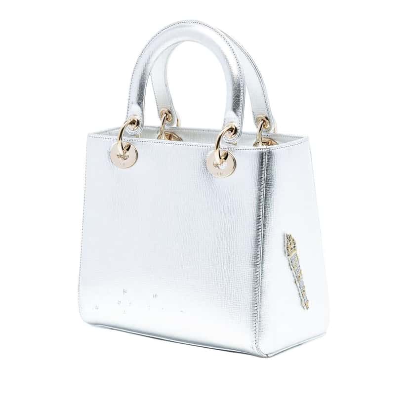 Dior Medium Calfskin Patch Embellished Lady Dior Silver Leather Very good condition - Back View