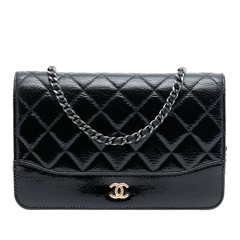 Chanel CC Quilted Patent Aged Calfskin Gabrielle Wallet On Chain Black Leather Good condition - Front View
