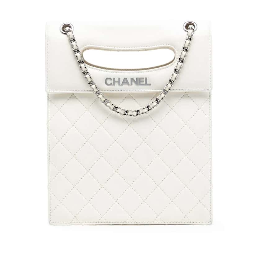Chanel Quilted Lambskin Delivery Cutout Handle Bag White Leather Very good condition - Front View