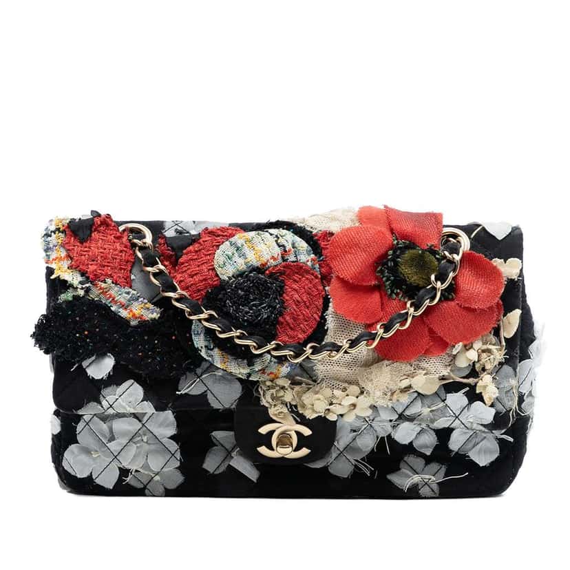 Chanel Limited Edition Medium Classic Quilted Nylon Floral Single Flap Black Good condition - Front View