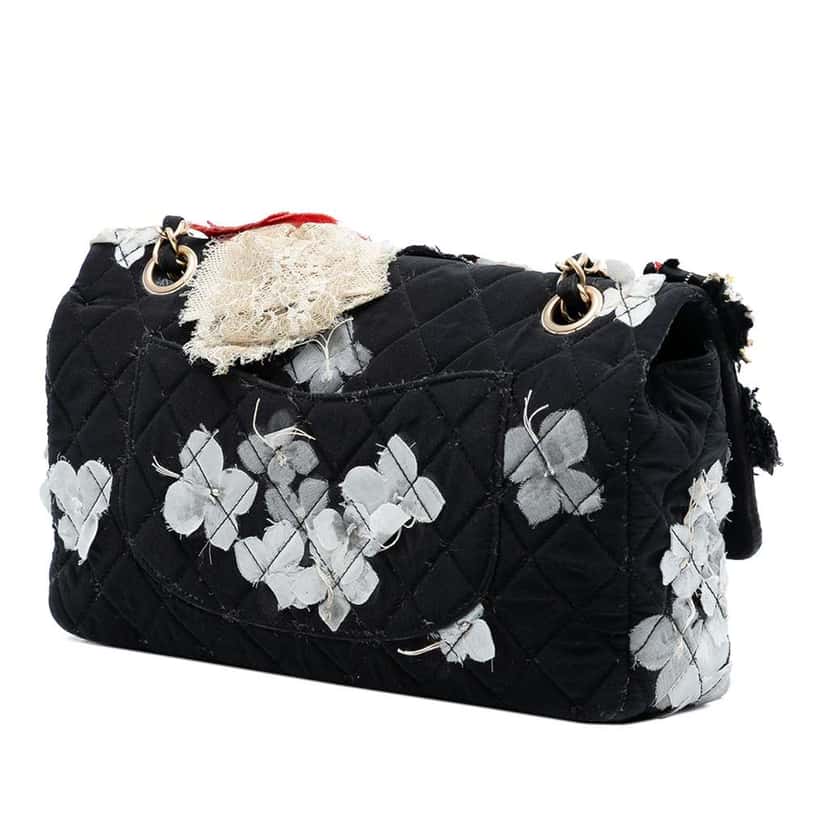 Chanel Limited Edition Medium Classic Quilted Nylon Floral Single Flap Black Good condition - Back View