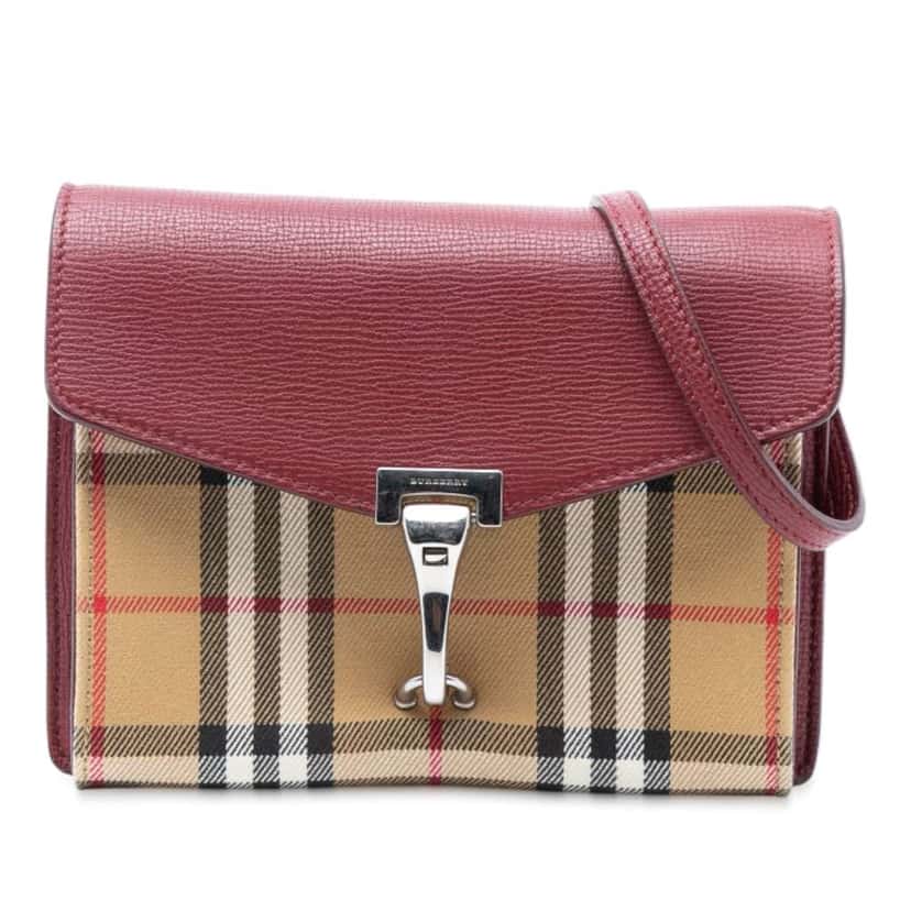 Burberry Small Leather and House Check Canvas Derby Macken Crossbody Red Leather Very good condition - Front View