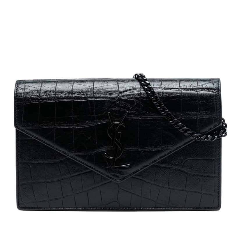 Saint Laurent Croc Embossed Leather Monogram Monochrome Envelope Chain Wallet Black Leather Very good condition - Front View