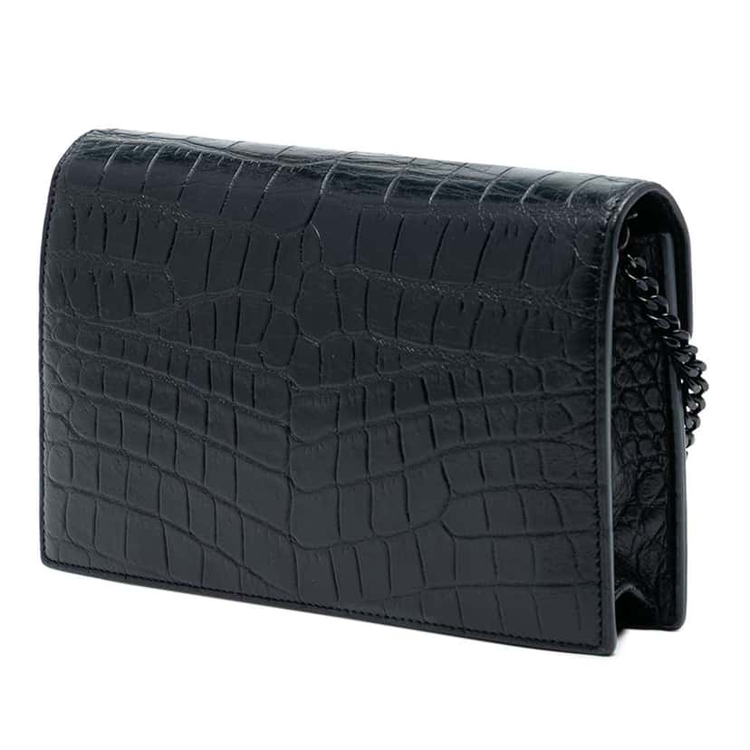 Saint Laurent Croc Embossed Leather Monogram Monochrome Envelope Chain Wallet Black Leather Very good condition - Back View