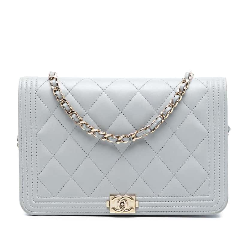 Chanel Quilted Lambskin Boy Wallet On Chain Grey Leather Good condition - Front View