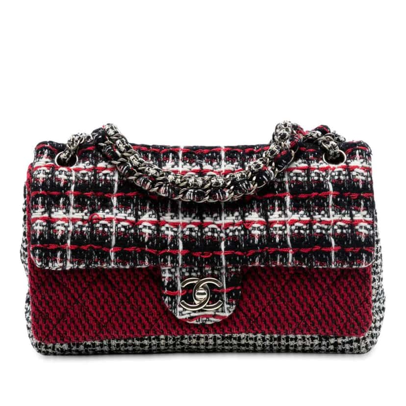 Chanel Medium CC Tweed Multi Print Double Flap Red Tweed Very good condition - Front View