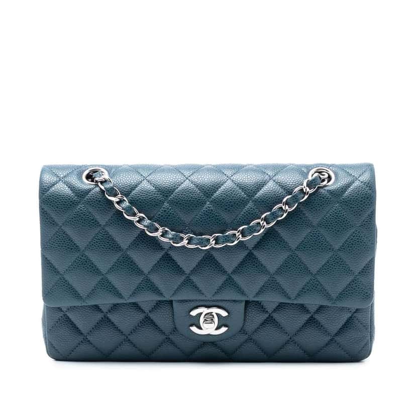 Chanel Medium Classic Caviar Double Flap Blue Leather Good condition - Front View