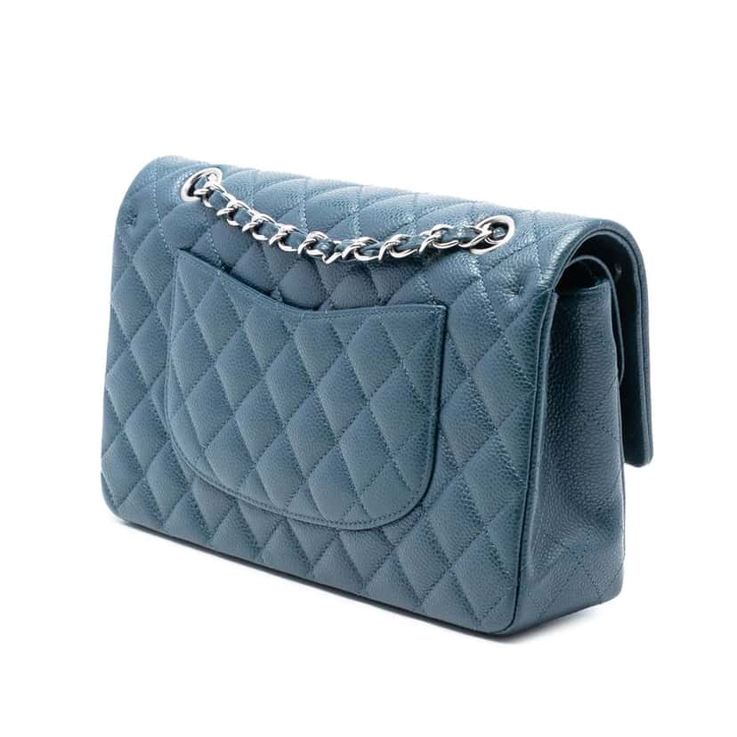 Chanel Medium Classic Caviar Double Flap Blue Leather Good condition - Back View