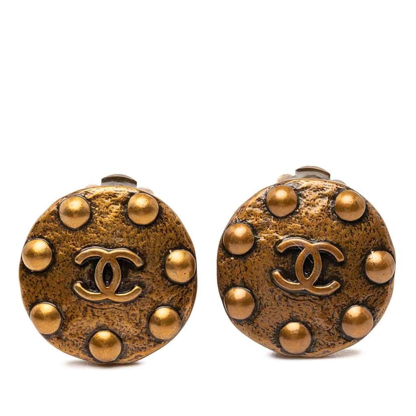 Chanel CC Gold Plated Disk Clip On Earrings Gold Metal Good condition - Front View