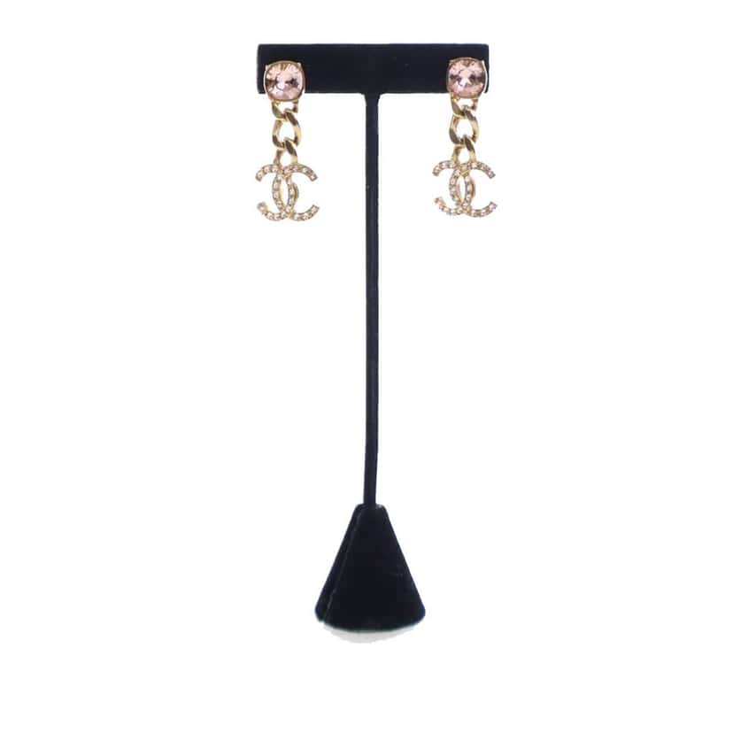 Chanel CC Gold Plated Crystal Drop Push Back Earrings Gold Metal Good condition - Front View