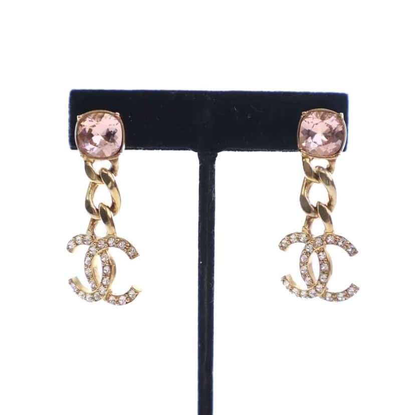 Chanel CC Gold Plated Crystal Drop Push Back Earrings Gold Metal Good condition - Back View