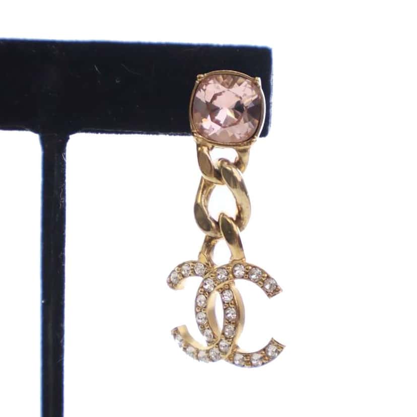 Chanel CC Gold Plated Crystal Drop Push Back Earrings Gold Metal Good condition - Box View