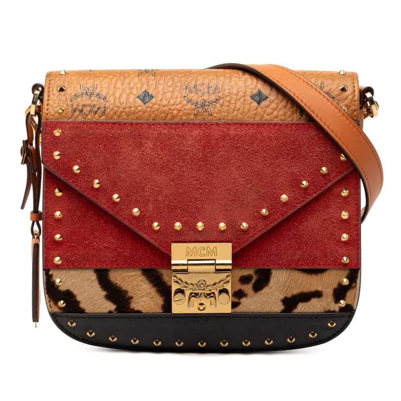 MCM Studded Suede and Pony Hair Patricia Crossbody Brown Leather Very good condition - Front View