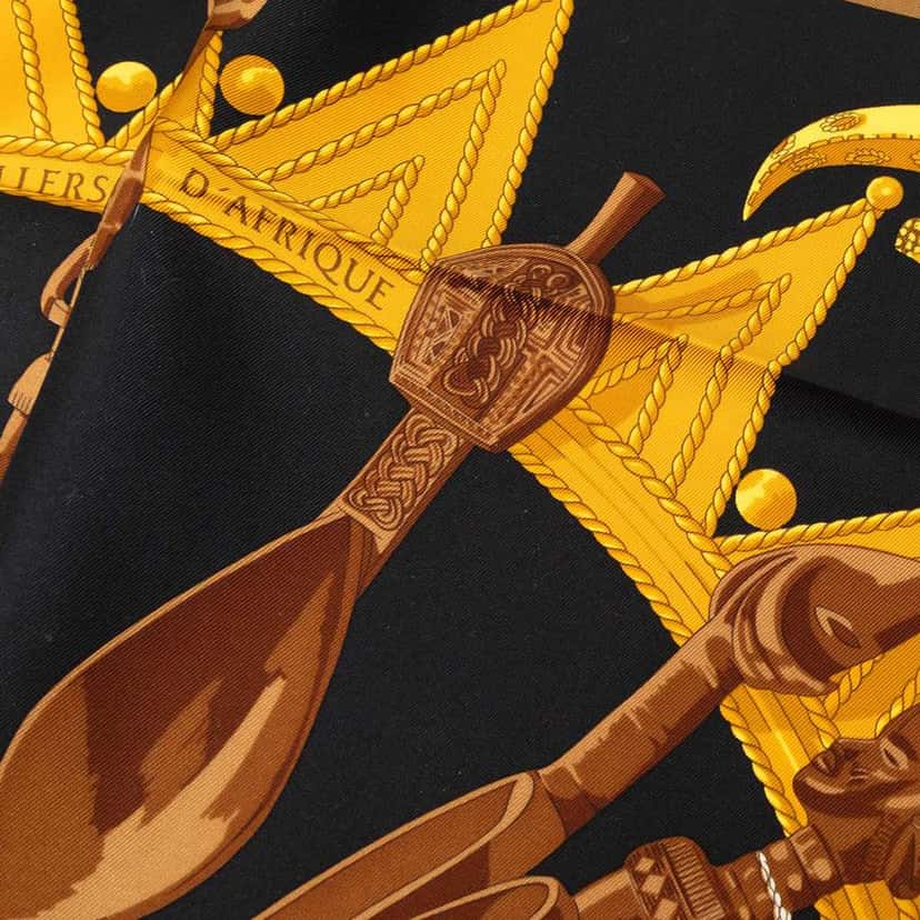 Hermès Cuillers D Afrique Silk Scarf 90 Black Silk Good condition - Box View