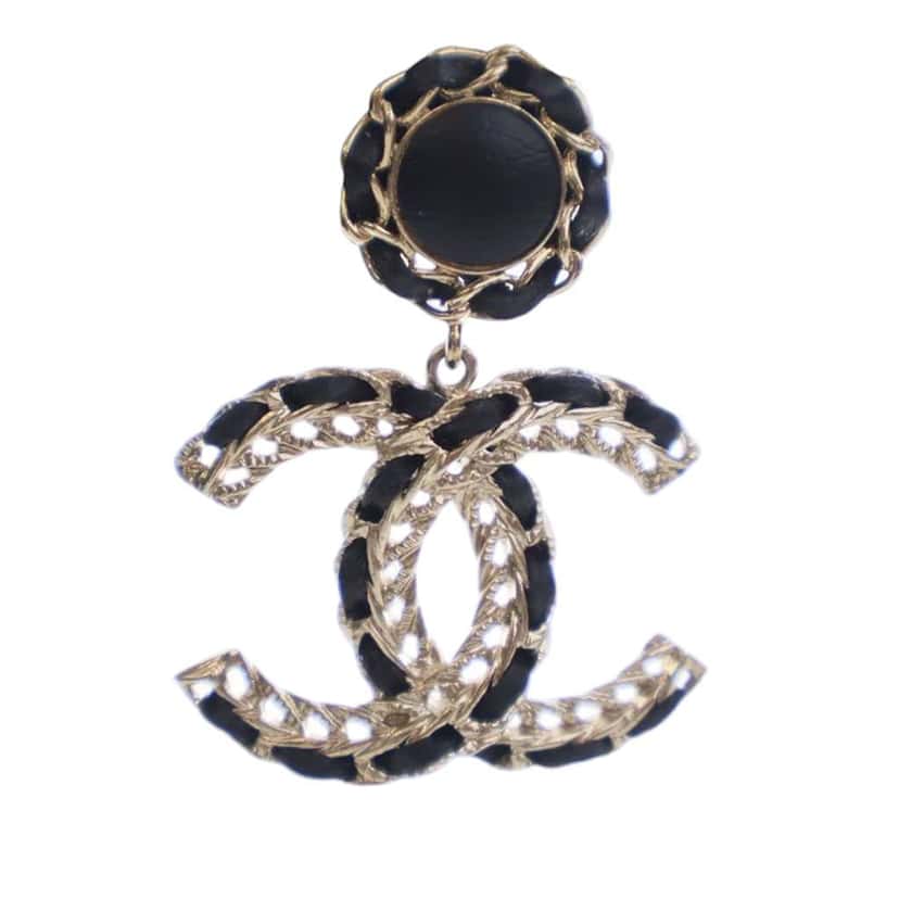 Chanel CC Gold Plated Leather Woven Drop Push Back Earrings Gold Metal Good condition - Inside View