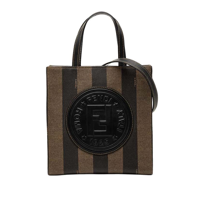 Fendi Pequin Coated Canvas Logo Convertible Tote Brown Canvas Very good condition - Front View