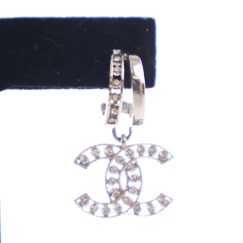 Chanel CC Silver Plated Crystal Push Back Earrings Silver Silver Good condition - Model View