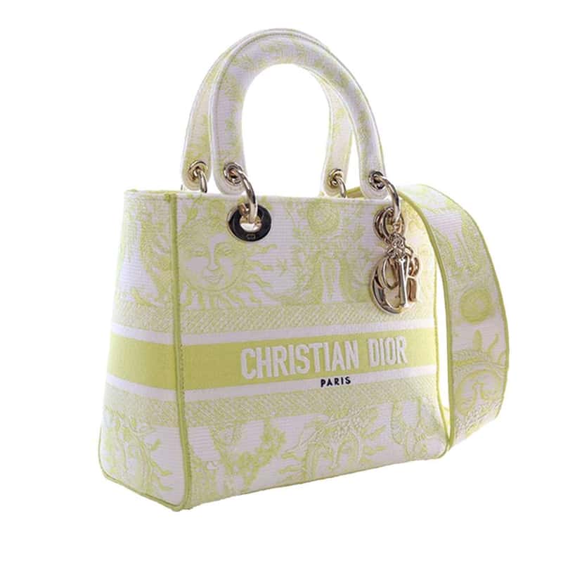 Dior Medium Embroidered Canvas Toile de Jouy Soleil Lady D Lite Yellow Canvas Good condition - Inside View