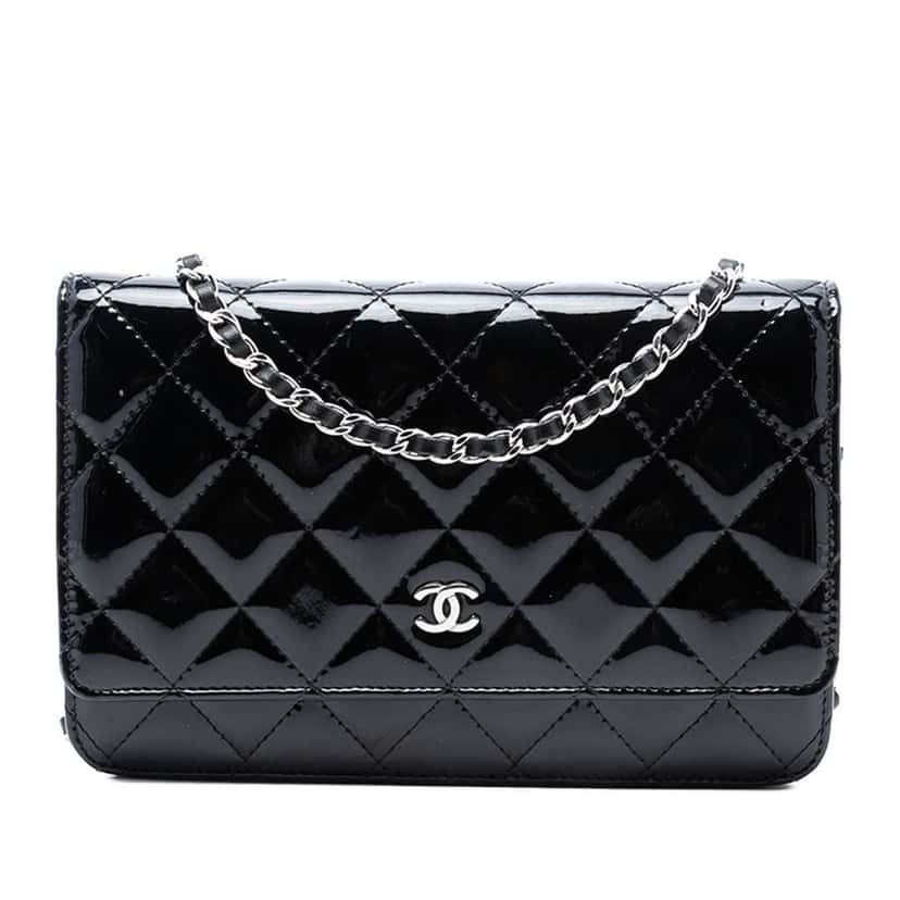 Chanel CC Quilted Patent Wallet On Chain Black Leather Good condition - Front View