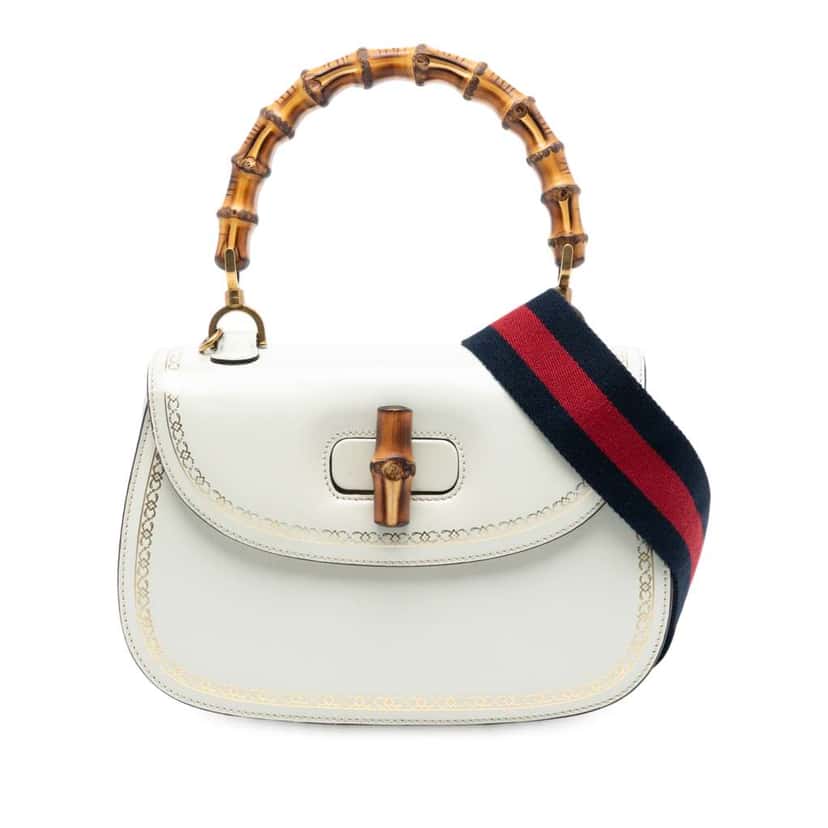 Gucci Calfskin Frame Print Bamboo Top Handle Bag White Leather Very good condition - Front View