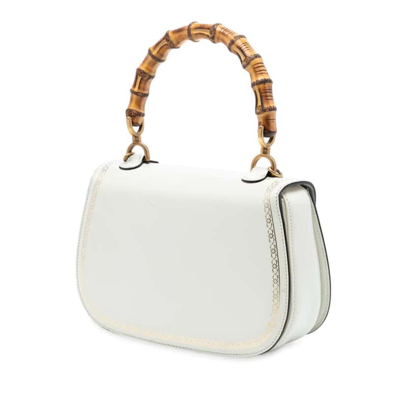 Gucci Calfskin Frame Print Bamboo Top Handle Bag White Leather Very good condition - Back View