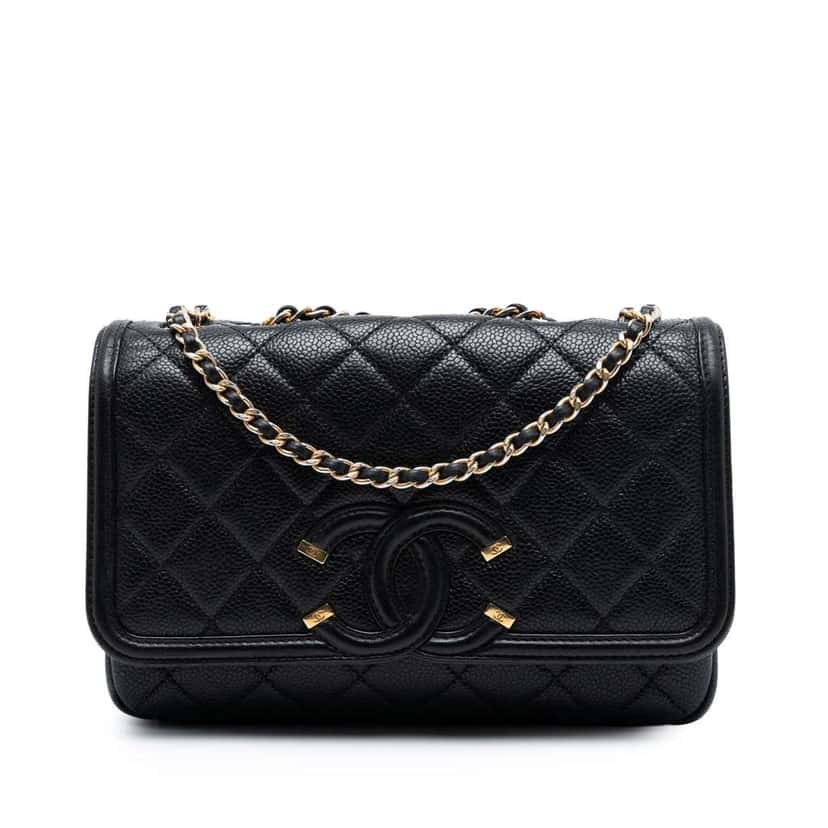 Chanel Small Quilted Caviar CC Filigree Flap Black Leather Very good condition - Front View