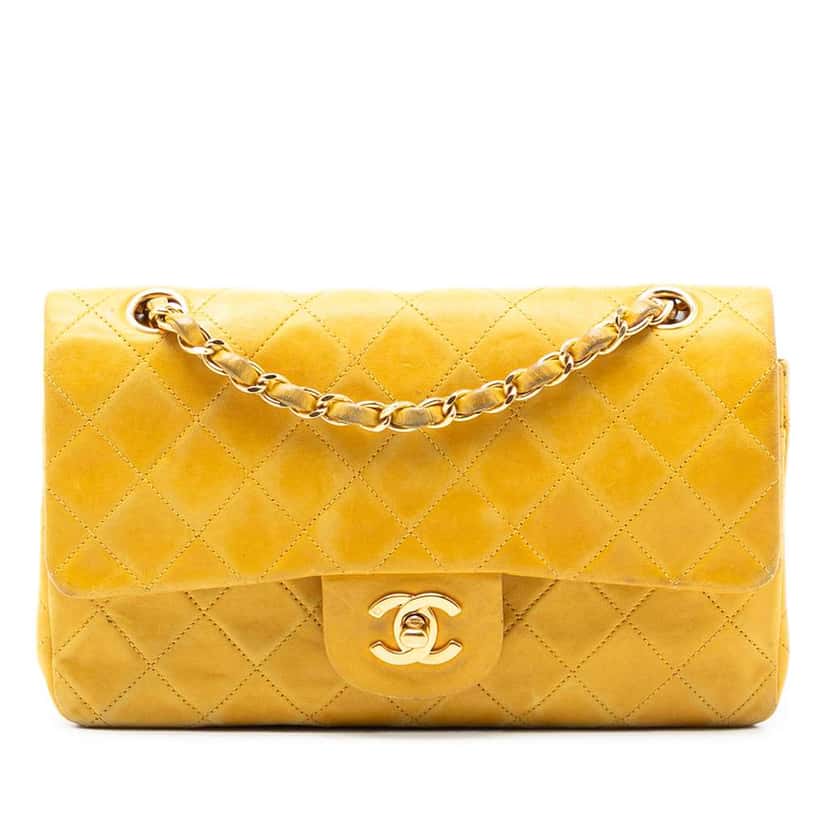 Chanel Small Classic Lambskin Double Flap Yellow Leather Good condition - Front View