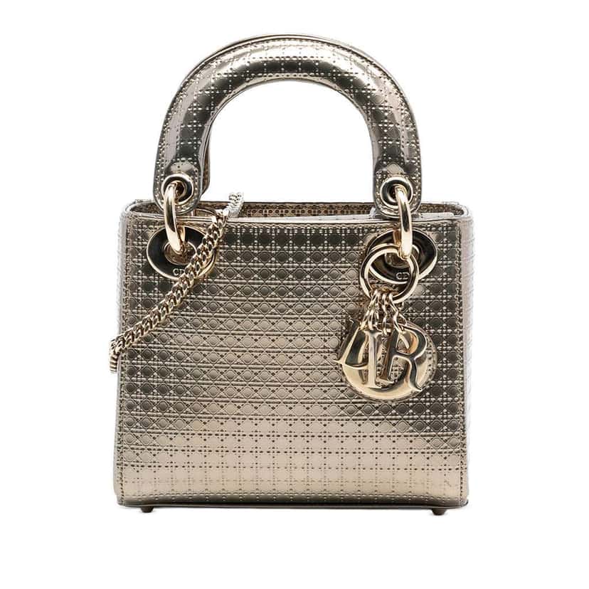 Dior Mini Metallic Patent Microcannage Lady Dior Gold Leather Good condition - Front View