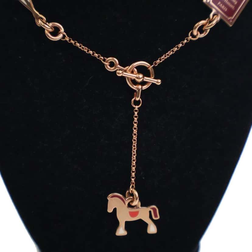 Hermès Rose Gold Plated Enamel Cheval Necklace Pink Rose Gold Good condition - Box View