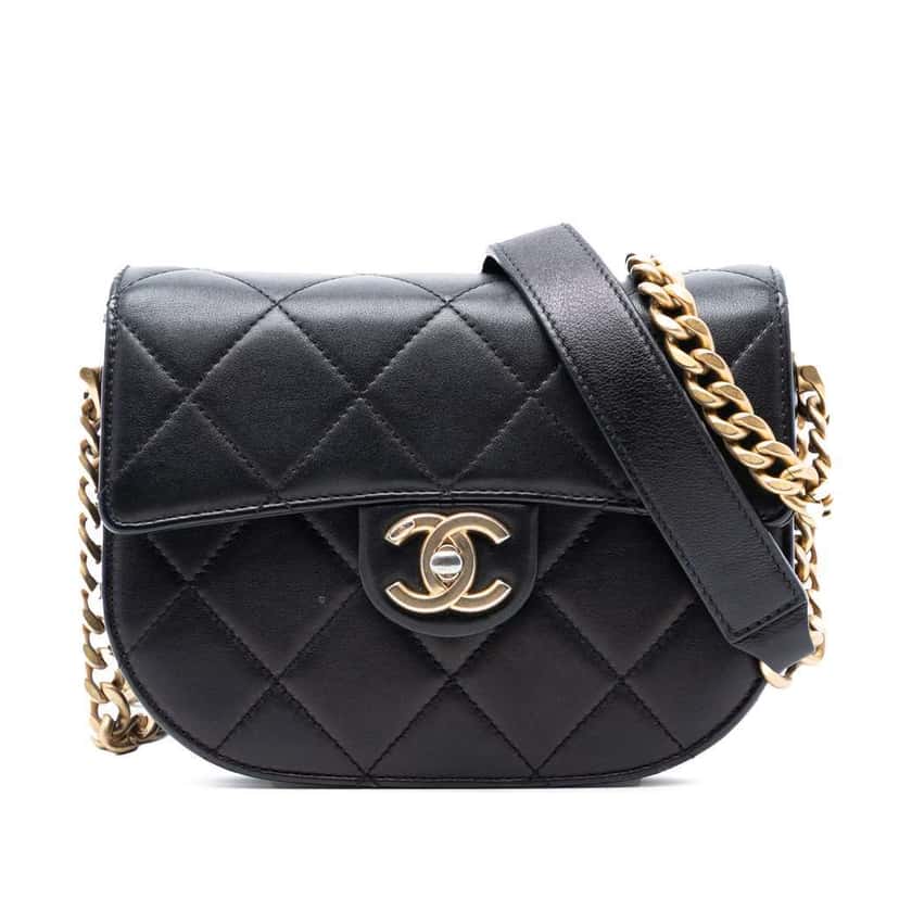Chanel Mini CC Quilted Shiny Calfskin Round Moon Messenger Flap Black Leather Very good condition - Front View