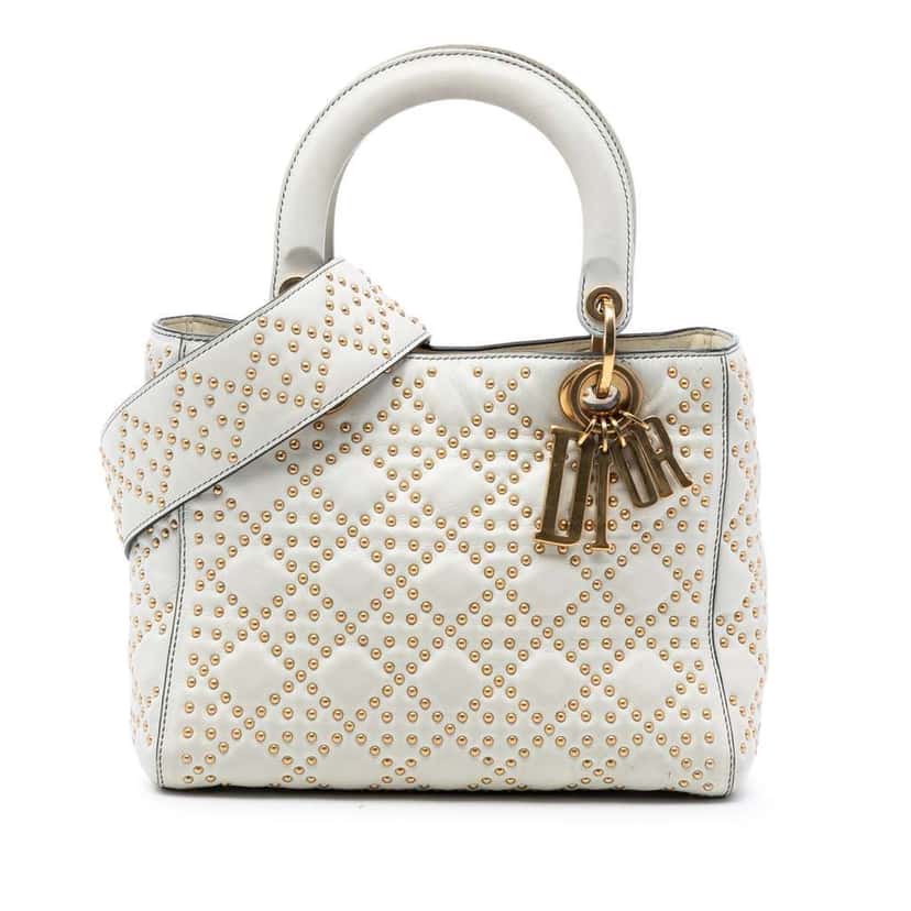 Dior Medium Lambskin Cannage Studded Supple Lady Dior White Leather Very good condition - Front View