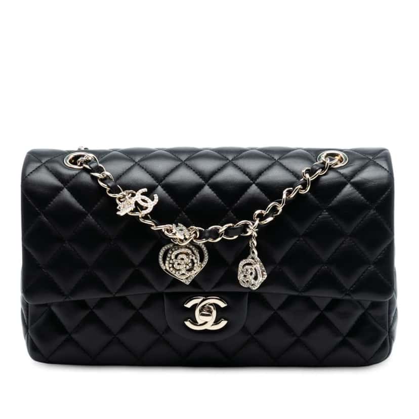 Chanel Medium Classic Lambskin Valentines Heart Charms Single Flap Black Leather Good condition - Front View
