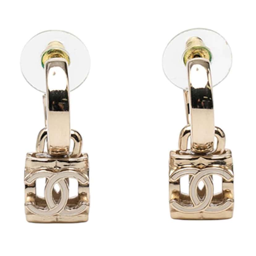 Chanel CC Gold Plated Enamel Cube Drop Hoop Push Back Earrings Gold Metal Very good condition - Front View