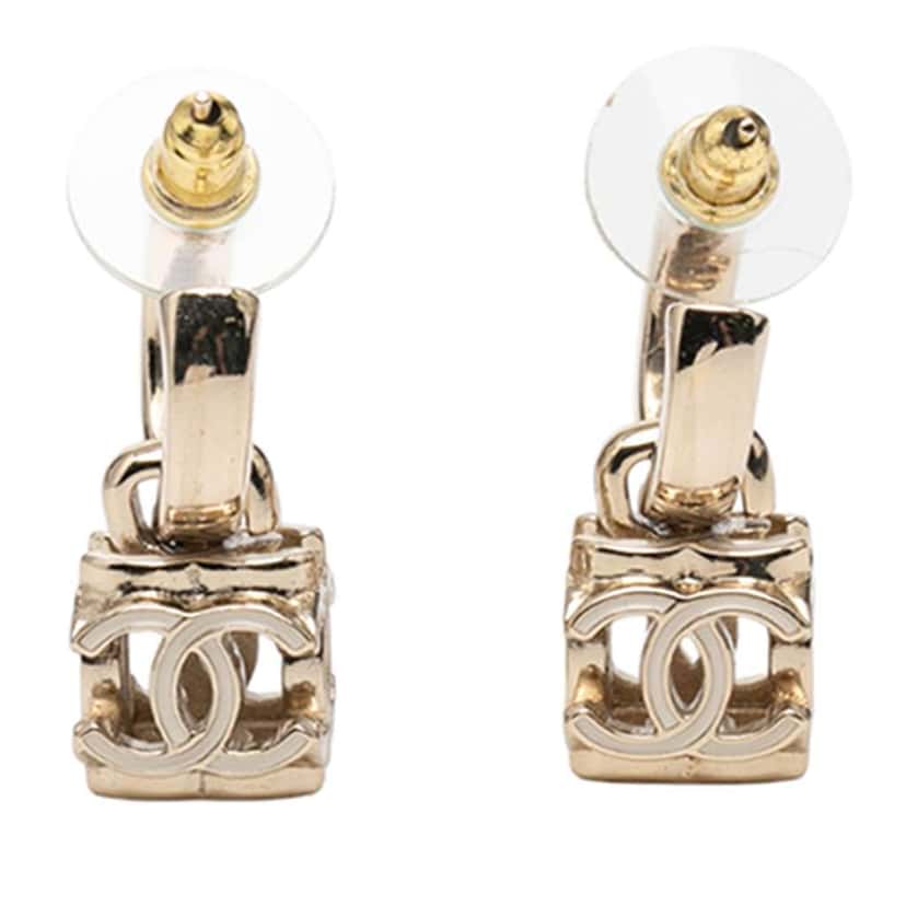 Chanel CC Gold Plated Enamel Cube Drop Hoop Push Back Earrings Gold Metal Very good condition - Back View