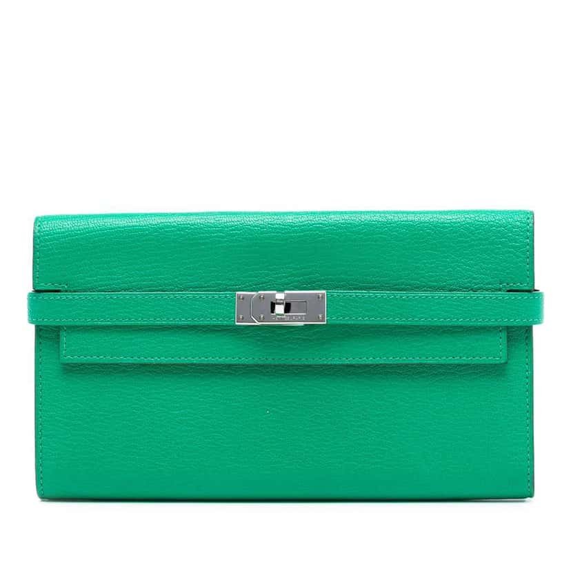 Hermès Chevre Mysore Kelly Longue Wallet Green Leather Good condition - Front View