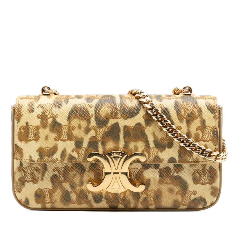 Celine Calfskin Leopard Print Claude Chain Shoulder Bag Brown Leather Very good condition - Front View