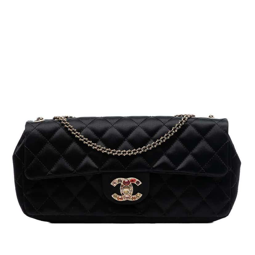 Chanel Quilted Satin Precious Jewel East West Flap Black Satin Very good condition - Front View